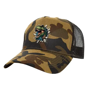 Dinosaur break wall, Adult Structured Trucker Hat, with Mesh, (Camouflage) Army (100% COTTON, ADULT, UNISEX, ONE SIZE)