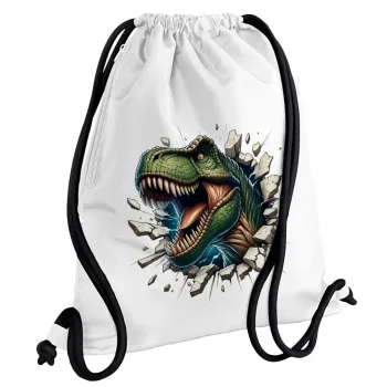 Dinosaur break wall, Backpack pouch GYMBAG white, with pocket (40x48cm) & thick cords
