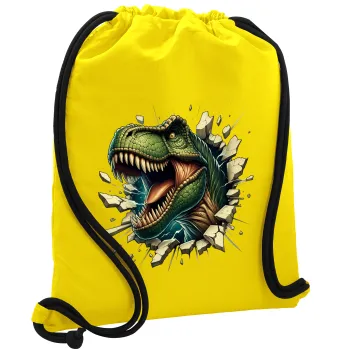 Dinosaur break wall, Backpack pouch GYMBAG Yellow, with pocket (40x48cm) & thick cords