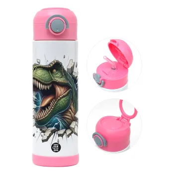 Dinosaur break wall, Children's hot water bottle, stainless steel, with safety straw, PINK (500ml)