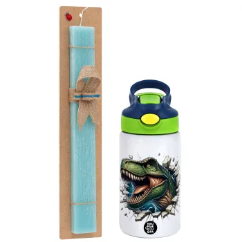 Dinosaur break wall, Easter Set, Children's thermal stainless steel bottle with safety straw, green/blue (350ml) & aromatic flat Easter candle (30cm) (TURQUOISE)