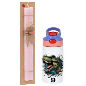 Dinosaur break wall, Easter Set, Children's thermal stainless steel water bottle with safety straw, pink/purple (350ml) & Easter scented flat candle (30cm) (PINK)