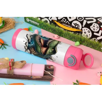 Dinosaur break wall, Πασχαλινή Λαμπάδα με Παιδικό παγούρι θερμό, ανοξείδωτο, με καλαμάκι ασφαλείας, ΡΟΖ (500ml)