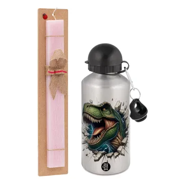 Dinosaur break wall, Πασχαλινή Λαμπάδα με παγούρι μεταλλικό Ασημένιο αλουμινίου (500ml) & κερί αρωματικό πλακέ (30cm) (ΡΟΖ)