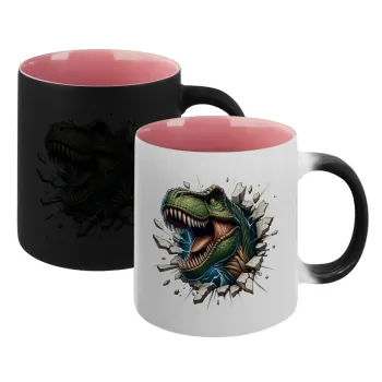 Dinosaur break wall, Κούπα Μαγική εσωτερικό ΡΟΖ, κεραμική 330ml που αλλάζει χρώμα με το ζεστό ρόφημα