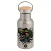 Stainless steel metallic thermos flask, silver with a bamboo lid, double-walled, 350ml.