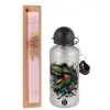 Easter Set, metallic Silver aluminum water bottle (500ml) & scented flat Easter candle (30cm) (PINK)