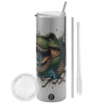 Dinosaur break wall, Tumbler stainless steel Silver 600ml, with metal straw & cleaning brush