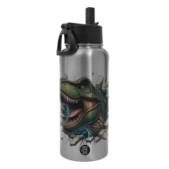 Dinosaur break wall, Metal mug thermo Silver with Straw and Spout Lid (Stainless steel), double wall, 950ml