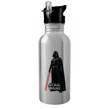 Darth vader, Water bottle Silver with straw, stainless steel 600ml