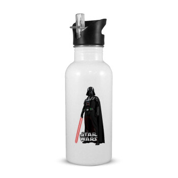 Darth vader, White water bottle with straw, stainless steel 600ml