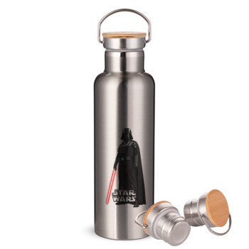 Darth vader, Μεταλλικό παγούρι θερμός (Stainless steel) Ασημένιο με ξύλινο καπακι (bamboo), διπλού τοιχώματος, 750ml