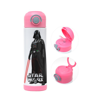 Darth vader, Children's hot water bottle, stainless steel, with safety straw, PINK (500ml)