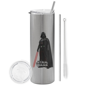 Darth vader, Eco friendly stainless steel Silver tumbler 600ml, with metal straw & cleaning brush