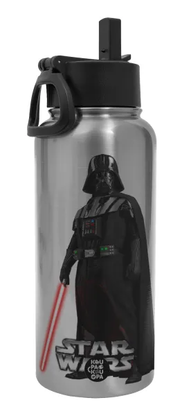 Darth vader — Μεταλλικό παγούρι θερμός Silver με καλαμάκι και χερούλι (Stainless steel), διπλού τοιχώματος, 950ml