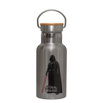 Darth vader, Stainless steel metallic thermos flask, silver with a bamboo lid, double-walled, 350ml.