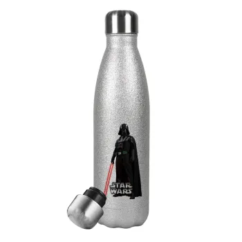 Darth vader, Μεταλλικό παγούρι θερμός Glitter Aσημένιο (Stainless steel), διπλού τοιχώματος, 500ml