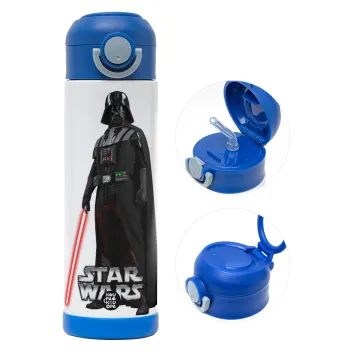 Darth vader, Children's hot water bottle, stainless steel, with safety straw, BLUE (500ml)