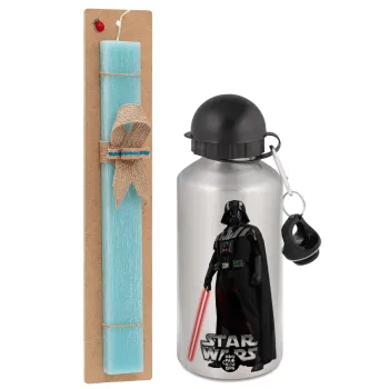 Darth vader, Easter Set, metallic silver aluminum water bottle (500ml) & scented flat Easter candle (30cm) (TURQUOISE)