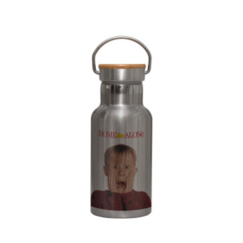 Μόνος στο σπίτι Kevin McCallister Shocked, Stainless steel metallic thermos flask, silver with a bamboo lid, double-walled, 350ml.