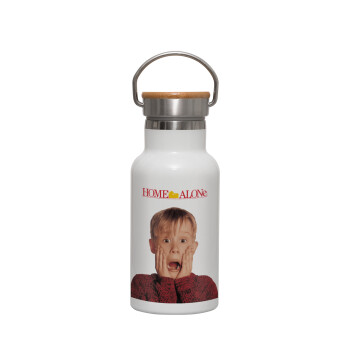 Μόνος στο σπίτι Kevin McCallister Shocked, Metallic thermos (Stainless steel) White with wooden lid (bamboo), double-walled, 350ml