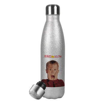 Μόνος στο σπίτι Kevin McCallister Shocked, Metallic Glitter Silver Thermos Flask (Stainless steel), double-walled, 500ml