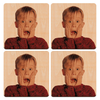 Μόνος στο σπίτι Kevin McCallister Shocked, ΣΕΤ x4 Σουβέρ ξύλινα τετράγωνα plywood (9cm)