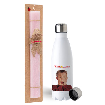 Μόνος στο σπίτι Kevin McCallister Shocked, Easter Set, metallic stainless steel water bottle (750ml) & scented flat Easter candle (30cm) (PINK)