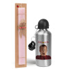 Easter Set, metallic Silver aluminum water bottle (500ml) & scented flat Easter candle (30cm) (PINK)