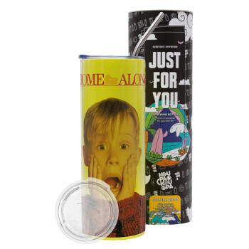 Μόνος στο σπίτι Kevin McCallister Shocked, Neon Yellow Travel Tumbler, with metal straw (Stainless steel 304 Food grade, BPA free, 600ml)
