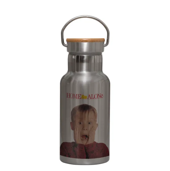 Μόνος στο σπίτι Kevin McCallister Shocked — Stainless steel metallic thermos flask, silver with a bamboo lid, double-walled, 350ml.