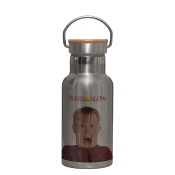 Μόνος στο σπίτι Kevin McCallister Shocked, Stainless steel metallic thermos flask, silver with a bamboo lid, double-walled, 350ml.