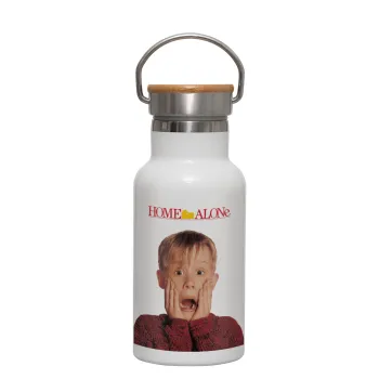 Μόνος στο σπίτι Kevin McCallister Shocked, Metallic thermos (Stainless steel) White with wooden lid (bamboo), double-walled, 350ml