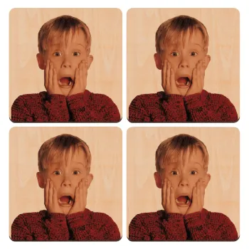 Μόνος στο σπίτι Kevin McCallister Shocked, ΣΕΤ x4 Σουβέρ ξύλινα τετράγωνα plywood (9cm)