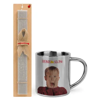 Μόνος στο σπίτι Kevin McCallister Shocked, Easter Set, metallic thermal cup (300ml) & Easter aromatic flat candle (30cm) (GRAY)