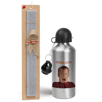 Μόνος στο σπίτι Kevin McCallister Shocked, Easter Set, metallic silver aluminum water bottle (500ml) & aromatic flat Easter candle (30cm) (GRAY)