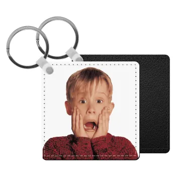 Μόνος στο σπίτι Kevin McCallister Shocked, Μπρελόκ Δερματίνη, τετράγωνο ΜΑΥΡΟ (5x5cm)