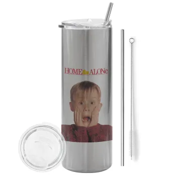 Μόνος στο σπίτι Kevin McCallister Shocked, Tumbler ποτήρι θερμό Ασημένιο από ανοξείδωτο ατσάλι 600ml, με μεταλλικό καλαμάκι & βούρτσα καθαρισμού
