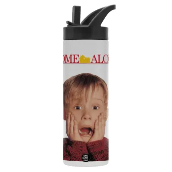 Μόνος στο σπίτι Kevin McCallister Shocked, Μεταλλικό παγούρι θερμός με καλαμάκι & χειρολαβή, ανοξείδωτο ατσάλι (Stainless steel 304), διπλού τοιχώματος, 600ml