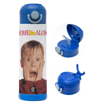 Μόνος στο σπίτι Kevin McCallister Shocked, Children's hot water bottle, stainless steel, with safety straw, BLUE (500ml)