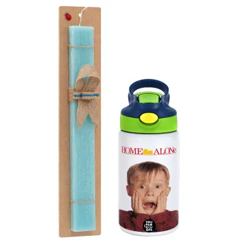 Μόνος στο σπίτι Kevin McCallister Shocked, Easter Set, Children's thermal stainless steel bottle with safety straw, green/blue (350ml) & aromatic flat Easter candle (30cm) (TURQUOISE)