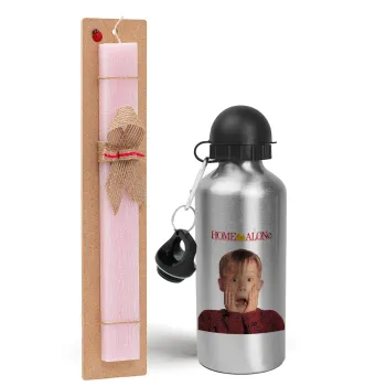 Μόνος στο σπίτι Kevin McCallister Shocked, Easter Set, metallic Silver aluminum water bottle (500ml) & scented flat Easter candle (30cm) (PINK)