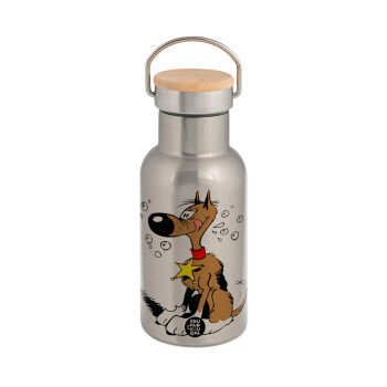 Rantanplan, Stainless steel metallic thermos flask, silver with a bamboo lid, double-walled, 350ml.