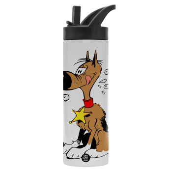 Rantanplan (Ρανταπλάν), Μεταλλικό παγούρι θερμός με καλαμάκι & χειρολαβή, ανοξείδωτο ατσάλι (Stainless steel 304), διπλού τοιχώματος, 600ml