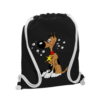 Rantanplan (Ρανταπλάν), Τσάντα πλάτης πουγκί GYMBAG Μαύρη, με τσέπη (40x48cm) & χονδρά λευκά κορδόνια