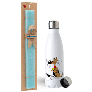Rantanplan, Easter Set, metallic stainless steel water bottle (750ml) & aromatic flat Easter candle (30cm) (TURQUOISE)