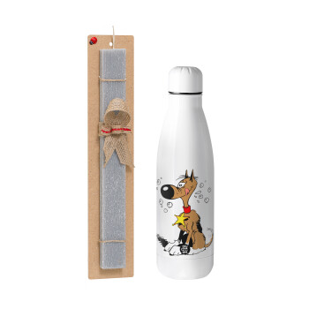 Rantanplan, Easter Set, metallic stainless thermos bottle (500ml) & scented flat Easter candle (30cm) (GRAY)