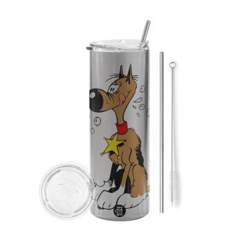 Rantanplan (Ρανταπλάν), Tumbler ποτήρι θερμό Ασημένιο από ανοξείδωτο ατσάλι 600ml, με μεταλλικό καλαμάκι & βούρτσα καθαρισμού