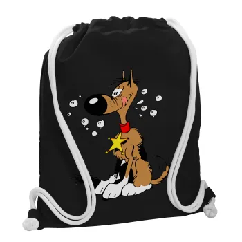 Rantanplan (Ρανταπλάν), Τσάντα πλάτης πουγκί GYMBAG Μαύρη, με τσέπη (40x48cm) & χονδρά λευκά κορδόνια