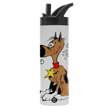 Rantanplan (Ρανταπλάν), Μεταλλικό παγούρι θερμός με καλαμάκι & χειρολαβή, ανοξείδωτο ατσάλι (Stainless steel 304), διπλού τοιχώματος, 600ml